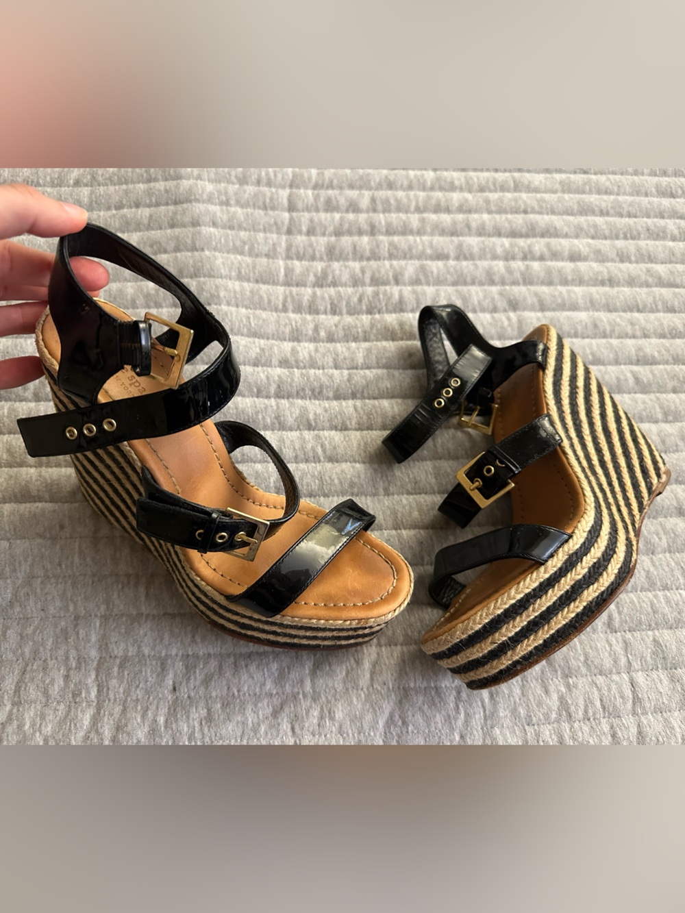Kate Spade Black Patent Leather Espadrille Wedge Sandals